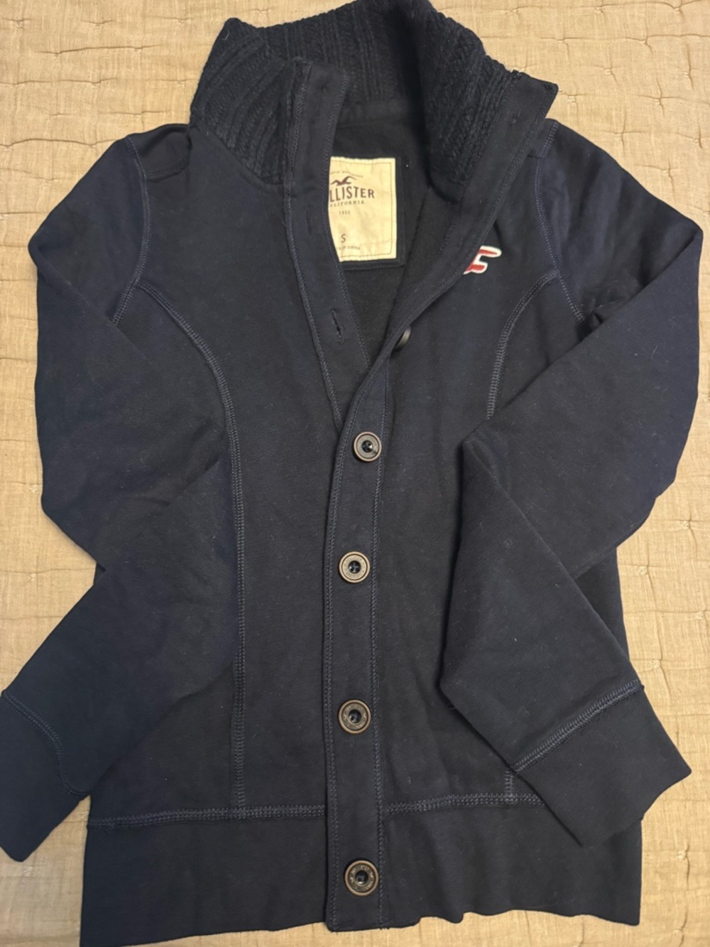 Hollister womens Dark Navy Button-Front Knit Collar Jacket